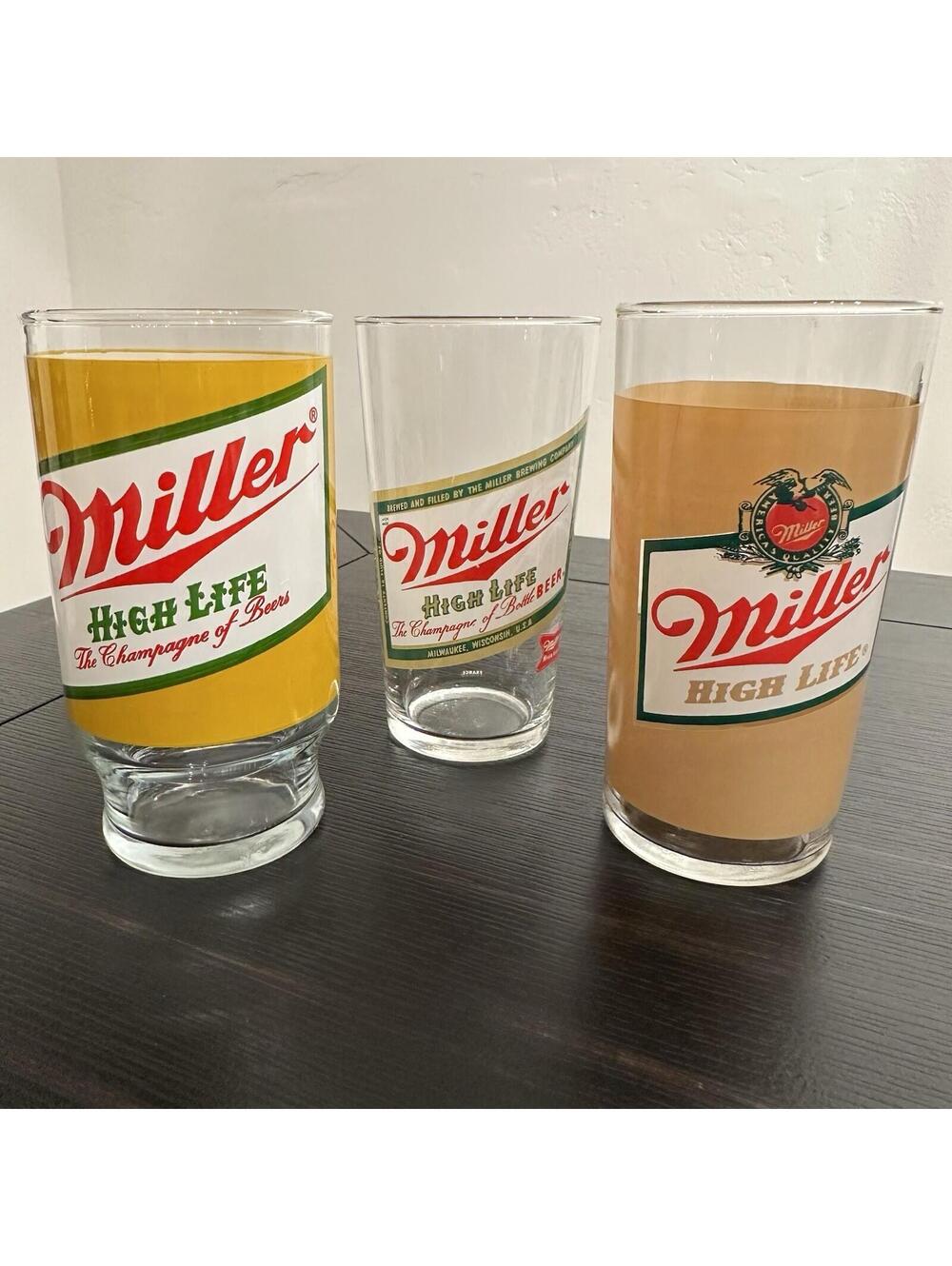 3 Vintage Collectible Miller High Life Beer Glasses Bar Pub Tavern EUC